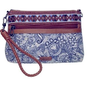 Sakroots Blue White & Brown Leather Strap & Trim Wristlet